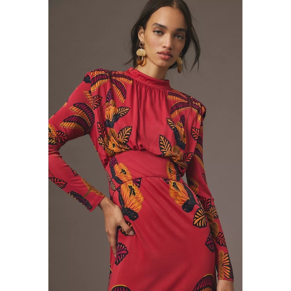 Farm Rio Long-Sleeve Mock-Neck Maxi Dress Red Floral Size Small - Picture 3 of 12